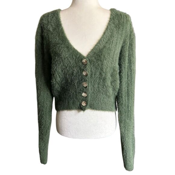 Urban Outfitters Sweaters - Urban Outfitters Sweater Women's Fuzzy Green Cropped Cardigan L Academia